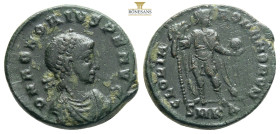 Honorius. AD 393-423. Æ Nicomedia mint, 3rd officina. Struck AD 393-395. Pearl-diademed, draped, and cuirassed bust right / Honorius standing facing, ...