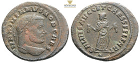 Maximianus. First reign, A.D. 286-305. Æ follis Carthage, ca. A.D. 299-303. IMP MAXIMIANVS P F AVG,
 laureate head of Maximianus right / SALVIS AVGG E...