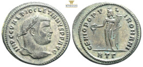Diocletianus Follis,
Diocletianus (284-305 AD). AE Follis 
Obv. IMP DIOCLETIANVS P AVG, Laureate and cuirassed bust right.
Rev. GENIO POPVLI ROMANI, G...