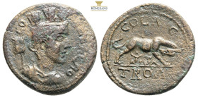 Troas, Alexandria Troas. Civic Issue. Mid 3rd Century A.D AE 22 COL TROA, turreted and draped bust of Tyche right, vexilla at her shoulder / COL AVG /...