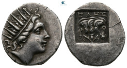 Islands off Caria. Rhodos. ΜΑΗΣ (Maes), magistrate 88-84 BC. Plinthophoric Drachm AR
