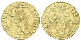 BOLOGNA
Pio II (Enea Silvio Piccolomini), 1458-1464.
Ducato d’oro.
Dr. BONONIA - DOCET. Leone rampante con vessillo. 
Rv. S PETRVS A - POSTOLVS. S...