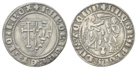NAPOLI
Carlo I d’Angiò, Re di Napoli 1266-1285.
Saluto d’argento.
Dr. KAROL IERL ET SICIL REX. Stemma bipartito di Gerusalemme e Francia.
Rv. AVE ...