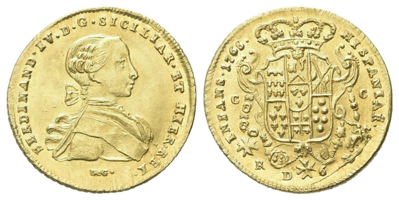 NAPOLI
Ferdinando IV (I) di Borbone, 1759-1816.
6 Ducati 1766 sigle DeG.
Dr. ...
