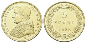 ROMA
Gregorio XVI (Bartolomeo Alberto Cappellari), 1831-1846.
5 Scudi 1835 a. V.
Dr. Busto a s. con zucchetto, mozzetta e stola.
Rv. Valore e data...