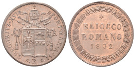 ROMA
Gregorio XVI (Bartolomeo Alberto Cappellari), 1831-1846.
Baiocco 1831 a. I.
Dr. Stemma sormontato da triregno e chiavi decussate.
Rv. Valore ...