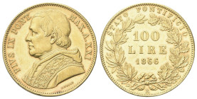 ROMA
Pio IX (Giovanni Maria Mastai Ferretti), 1846-1878.
100 Lire 1866 a. XXI.
Dr. Busto a s. con zucchetto, mozzetta e stola.
Rv. Valore e data e...