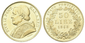 ROMA
Pio IX (Giovanni Maria Mastai Ferretti), 1846-1878.
50 Lire 1868 a. XXII.
Dr. Busto a s. con zucchetto, mozzetta e stola.
Rv. Valore e data e...