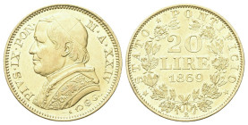 ROMA
Pio IX (Giovanni Maria Mastai Ferretti), 1846-1878.
20 Lire 1869 a. XXIV, busto grande.
Dr. PIVS IX PON - M A XXIV. Busto a s. con zucchetto m...