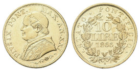 ROMA
Pio IX (Giovanni Maria Mastai Ferretti), 1846-1878.
10 Lire 1866 a. XXI.
Dr. PIVS IX PONT - MAX AN XXI. Busto a s., con zucchetto.
Rv. STATO ...