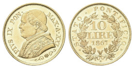 ROMA
Pio IX (Giovanni Maria Mastai Ferretti), 1846-1878.
10 Lire 1867 a. XXI.
Dr. PIVS IX PON - MAX AN XXI. Busto a s., con zucchetto, mozzetta e s...