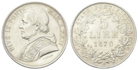 ROMA
Pio IX (Giovanni Maria Mastai Ferretti), 1846-1878.
5 Lire 1870 a. XXIV.
Dr. PIVS IX PONT - MAX A XXIV. Busto a s. con zucchetto, mozzetta e s...