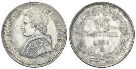 ROMA
Pio IX (Giovanni Maria Mastai Ferretti), 1846-1878.
50 Baiocchi 1850 a. IV.
Dr. Busto a s. con berrettino, mozzetta e stola.
Rv. Valore e dat...