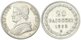 ROMA
Pio IX (Giovanni Maria Mastai Ferretti), 1846-1878.
20 Baiocchi 1858 a. XII con R di zecca piccolo.
Dr. Busto a s. con zucchetto, mozzetta e s...