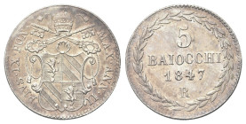 ROMA
Pio IX (Giovanni Maria Mastai Ferretti), 1846-1878.
5 Baiocchi 1847 a. II.
Dr. PIVS IX PON MAX ANN II. Stemma sormontato da triregno e chivi d...