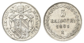 ROMA
Pio IX (Giovanni Maria Mastai Ferretti), 1846-1878.
5 Baiocchi 1865 a. XX.
Dr. Stemma sormontato da triregno e chiavi decussate con cordoni e ...