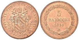 ROMA
Pio IX (Giovanni Maria Mastai Ferretti), 1846-1878.
5 Baiocchi 1850 a. IV.
Dr. Stemma sormontato da triregno e chiavi decussate.
Rv. Valore e...
