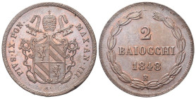 ROMA
Pio IX (Giovanni Maria Mastai Ferretti), 1846-1878.
2 Baiocchi 1848 a. III.
Dr. PIVS IX PON - MAX AN III. Stemma sormontato da triregno e chia...