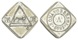 ROMA
Seconda Repubblica Romana, 1848-1849.
Assedio francese. 5 Baiocchi 1849.
Dr. La Lupa verso d., nell’atto di allattare i gemelli, su una piatta...