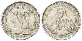 SAN MARINO
Vecchia monetazione, 1864-1938. 
20 Lire 1937, 2500 pezzi coniati.
Dr. Tre penne coronate, su merlature.
Rv. Busto di San Marino con le...