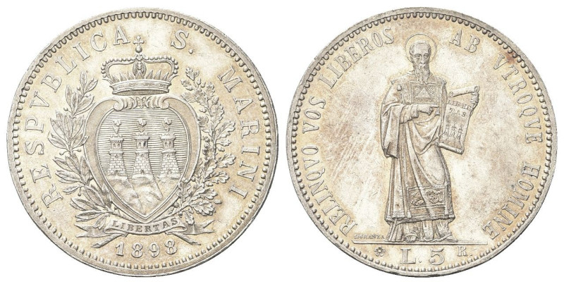 SAN MARINO
Vecchia monetazione, 1864-1938.
5 Lire 1898.
Dr. Stemma coronato t...