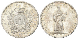 SAN MARINO
Vecchia monetazione, 1864-1938.
5 Lire 1898.
Dr. Stemma coronato tra un ramo di lauro e uno di quercia.
Rv. S. Marino stante.
Pag. 357...