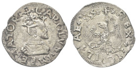 SICILIA
Carlo V D’Asburgo, Re di Spagna, Sicilia, Napoli, 1516-1556, Imperatore, 1519-1556.
Tarì 1555.
Dr. CAROLVS IMPERATOR. Busto barbuto e coron...