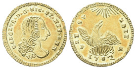SICILIA
Carlo di Borbone, 1734-1759.
Oncia d’oro 1752.
Dr. CAROLVS D G SIC ET HIE REX. Busto giovanile a d.
Rv. RE - SV - RGIT. Fenice sulle fiamm...
