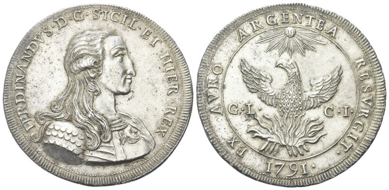 SICILIA
Ferdinando IV (I) di Borbone, 1759-1816.
Oncia da 30 Tarì 1791.
Dr. F...