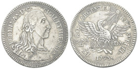 SICILIA
Ferdinando IV (I) di Borbone, 1759-1816.
Oncia da 30 Tarì 1793.
Dr. FERDINAN D G - SICIL ET HIER REX. Semibusto corazzato a d.; sotto il bu...