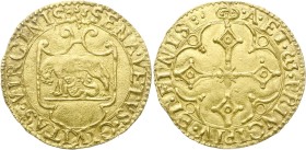 SIENA
Repubblica, 1180-1559.
Scudo d'oro del sole.
Dr. SENA VETVS CIVITAS VIRGINIS. Stemma decorato con la lupa che allatta i gemelli; in alto, nel...