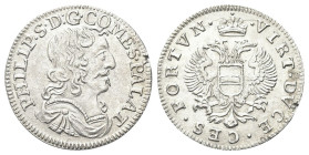 TASSAROLO
Filippo Spinola, 1616-1688.
Sedicesimo di Scudo.
Dr. PHILIP S D G COMES PALAT. Busto a d.
Rv. VIRT DVCE CES FORTVN. Aquila bicipite coro...