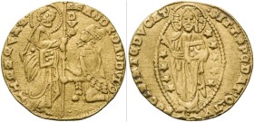 VENEZIA
Andrea Dandolo Doge LIV, 1343-1354.
Ducato.
Dr. ANDR DANDVLO SM VENETI San Marco consegna lo stendardo al doge inginocchiato, lungo l'asta ...
