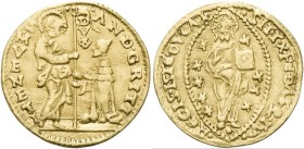 VENEZIA
Andrea Gritti Doge LXXVII, 1523-1532.
Ducato.
Dr. AND GRITI - S M VENETI. San Marco stante verso s., porge il vessillo al Doge genuflesso; ...