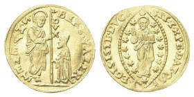 VENEZIA
Bertucci Valier Doge CII, 1656-1658. 
Zecchino.
Dr. BERT VALER - S M VENET. San Marco stante verso s., porge il vessillo al Doge genuflesso...