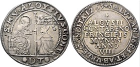 VENEZIA
Alvise Contarini Doge CVI, 1676-1684.
Osella anno VIII, 1683.
Dr. SM V ALOYSIVS CONT D. San Marco in trono, porge con la d. il vessillo sor...