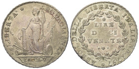 VENEZIA
Municipalità provvisoria, 1797-1798.
10 Lire venete 1797, I Tipo.
Dr. LIBERTA’ EGUAGLIANZA. La Libertà che regge con la s. picca sormontata...