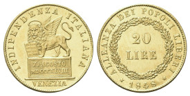 VENEZIA
Governo Provvisorio di Venezia, 1848-1849.
20 Lire 1848.
Dr. INDIPENDENZA ITALIANA VENEZIA. Leone nimbato e alato verso s., poggia la zampa...