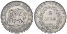 VENEZIA
Governo Provvisorio di Venezia, 1848-1849.
5 Lire 1848, I Tipo 22 Marzo.
Dr. REPUBBLICA VENETA / 22 marzo 1848. Leone nimbato ed alato entr...