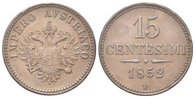 VENEZIA
Francesco Giuseppe I d’Asburgo Lorena, 1848-1866.
15 Centesimi 1852.
Dr. Aquila bicipite coronata con lo stemma d’Austria.
Rv. Valore e da...
