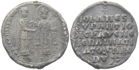 VENEZIA
Giovanni Soranzo Doge LI, 1312-1328. 
Bolla plumbea.
Dr. •IO SVPANTIO DVX• - •S C MARCVS. Il doge stante, di tre quarti, tiene con la mano ...