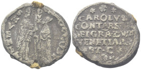 VENEZIA
Carlo Contarini Doge C, 1655-1656.
Bolla plumbea.
Dr. S•M•VENET (lungo l’asta) DVX - CAROL CONT. San Marco, stante verso s., tiene con la m...