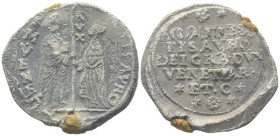 VENEZIA
Giovanni Pesaro Doge CIII, 1658-1659. 
Bolla plumbea.
Dr. S•M•VENET• (lungo l’asta) DVX - •IOAN•PISAVRO. San Marco, stante verso s., tiene ...