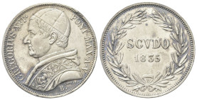 BOLOGNA
Gregorio XVI (Bartolomeo Alberto Cappellari), 1831-1846.
Scudo 1835 a. V, II Tipo.
Dr. GREGORIVS XVI - PONT MAX A V. Busto a s. con zucchet...