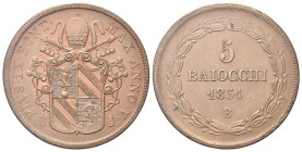 BOLOGNA
Pio IX (Giovanni Maria Mastai Ferretti), 1846-1878.
5 Baiocchi 1851 a. V, II Tipo.
Dr. Stemma sormontato da triregno e chiavi decussate.
R...