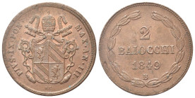 BOLOGNA
Pio IX (Giovanni Maria Mastai Ferretti), 1846-1878.
2 Baiocchi 1849 a. III, I tipo.
Dr. PIVS IX PONT MAX AN III. Stemma sormontato da trire...