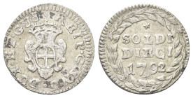 GENOVA
Dogi Biennali, 1528-1797. III Fase, 1637-1797.
Da 10 Soldi 1794.
Dr. DUX ET GUB - REIP GENU. Stemma coronato.
Rv. SOLDI / DIECI / 1792. Isc...