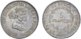 LUCCA - ELISA BONAPARTE E FELICE BACIOCCHI (1805-1814) - 5 franchi 1805
Argento
Gigante 1 Raro
Bella patina di vecchia raccolta
SPL/m.SPL