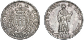 SAN MARINO - 5 lire 1898
Argento
Gigante 17 Raro
Di buona qualità
SPL/FDC