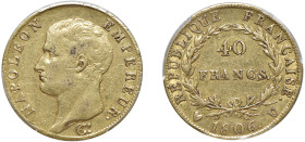 TORINO - NAPOLEONE I (1804-1814) - 40 lire 1806
Oro
Gigante 5 Raro
PCGS AU50
Certificato PCGS numero 45919862